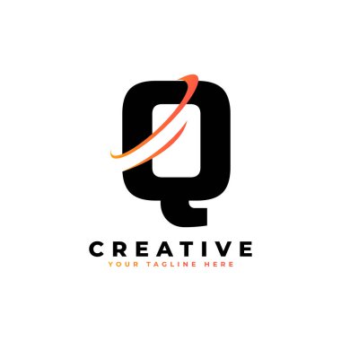 Creative Curved Swoosh Simge Vektör Şablonu Siyah ve Sarı Renkli Kurumsal Q logosu.