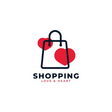 Love Shop Logo Tasarım Şablonu Elemanı. Alışveriş Torbası HEarth Simgesi Vektör İllüstrasyonuyla Birleştirildi