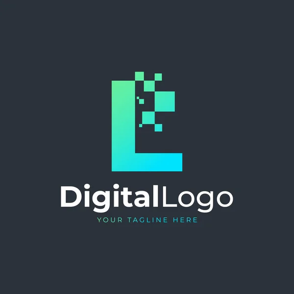 Teknikbrev Logo Blå Och Grön Geometrisk Form Med Fyrkantiga Pixelpunkter — Stock vektor