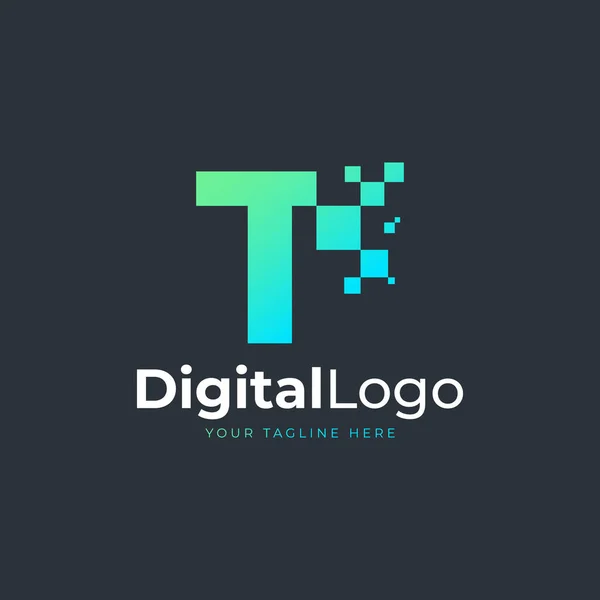 Tech Letter Logo Blue Green Geometric Shape Square Pixel Dots — Stock Vector