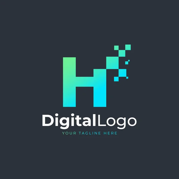 テックレターHのロゴ 正方形のピクセルドットと青と緑の幾何学的な形状 ビジネスおよびテクノロジーのロゴに使用できます デザインアイデアテンプレート要素 — ストックベクタ