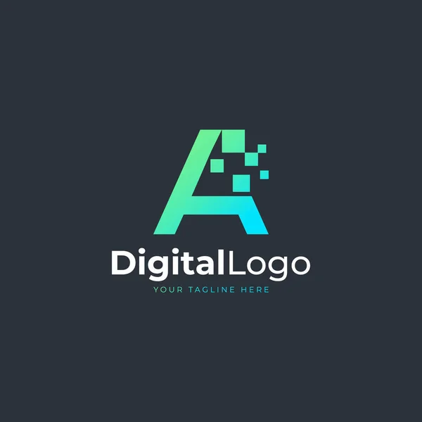 Tech Letter Logo Blue Green Geometric Shape Square Pixel Dots — Stock Vector