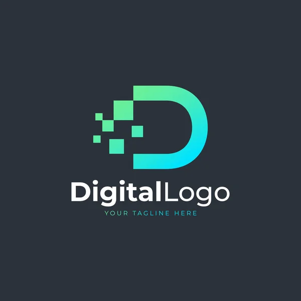 Logo Tech Lettre Forme Géométrique Bleue Verte Avec Points Carrés — Image vectorielle