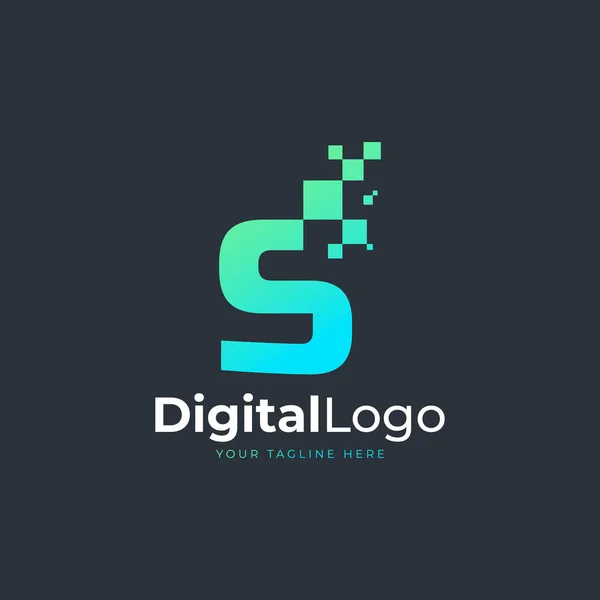Teknikbokstav Logotypen Blå Och Grön Geometrisk Form Med Fyrkantiga Pixelpunkter — Stock vektor
