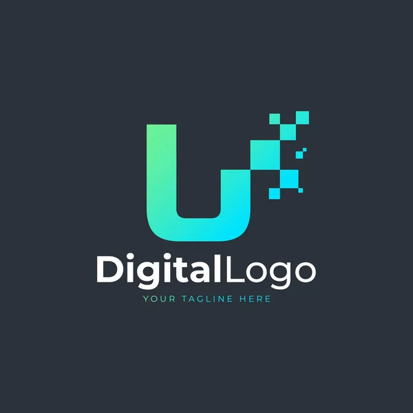 Tech Letter Logo Blauwe Groene Geometrische Vorm Met Vierkante Pixel — Stockvector