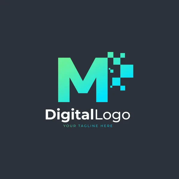 Tech Lettre Logo Forme Géométrique Bleue Verte Avec Points Carrés — Image vectorielle