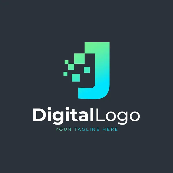技术字母J标志 蓝色和绿色几何形状与正方形像素数字 适用于商业和技术标识 设计思想模板元件 — 图库矢量图片
