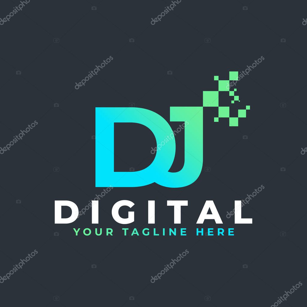 Tech Letter DJ Logo. Blue and Green Geometric Shape with Square Pixel Dots. Usable for Business and Technology Logos. Design Ideas Template Element.