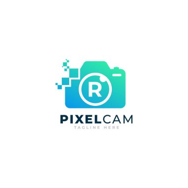 Kamera İçinde R harfi Fotoğraf Pixel Teknoloji Logo Tasarım Şablonu