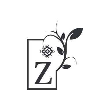 Elegant Z Luxury Logo Square Frame Badge. Floral with Flowers Leaves. Perfect for Fashion, Jewelry, Beauty Salon, Cosmetics, Spa, Boutique, Wedding, Letter Stamp, Hotel and Restaurant Logo.