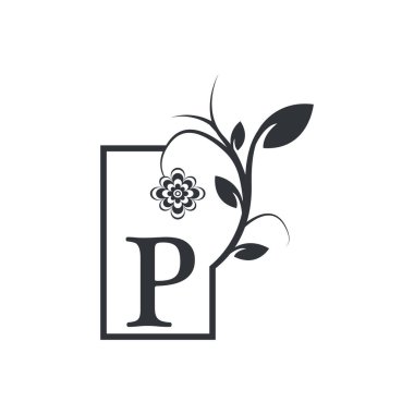 Elegant P Luxury Logo Square Frame Badge. Floral with Flowers Leaves. Perfect for Fashion, Jewelry, Beauty Salon, Cosmetics, Spa, Boutique, Wedding, Letter Stamp, Hotel and Restaurant Logo.