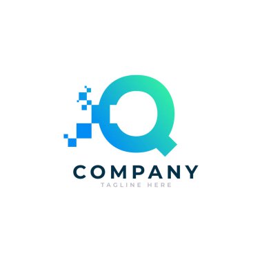 Teknik Mektup Q logosu. Kare Pikselli Mavi ve Yeşil Geometrik Şekiller. İş ve Teknoloji Logoları için kullanılabilir. Tasarım Fikirleri Şablonu Elemanı.