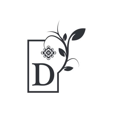 Elegant D Luxury Logo Square Frame Badge. Floral with Flowers Leaves. Perfect for Fashion, Jewelry, Beauty Salon, Cosmetics, Spa, Boutique, Wedding, Letter Stamp, Hotel and Restaurant Logo.
