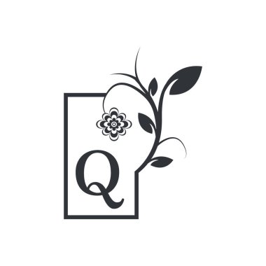 Elegant Q Luxury Logo Square Frame Badge. Floral with Flowers Leaves. Perfect for Fashion, Jewelry, Beauty Salon, Cosmetics, Spa, Boutique, Wedding, Letter Stamp, Hotel and Restaurant Logo.