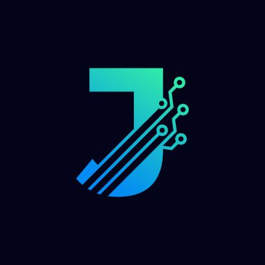 Teknisyen J Logosu. Yeşil ve Mavi Gradyan Renkli Fütürist Vektör Logosu Şablonu. Geometrik Şekil. İş ve Teknoloji Logoları İçin Kullanılabilir.