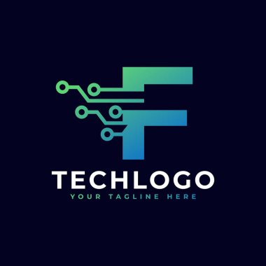 Teknisyen F Logosu. Yeşil ve Mavi Gradyan Renkli Fütürist Vektör Logosu Şablonu. Geometrik Şekil. İş ve Teknoloji Logoları İçin Kullanılabilir.