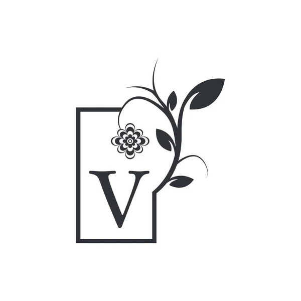 エレガントなV高級ロゴスクエアフレームバッジ 花の葉を持つ花 ファッション ジュエリー 美容室 化粧品 ブティック 結婚式 レタースタンプ ホテル — ストックベクタ