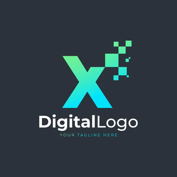 技术字母X标志 蓝色和绿色几何形状与正方形像素数字 适用于商业和技术标识 设计思想模板元件 — 图库矢量图片