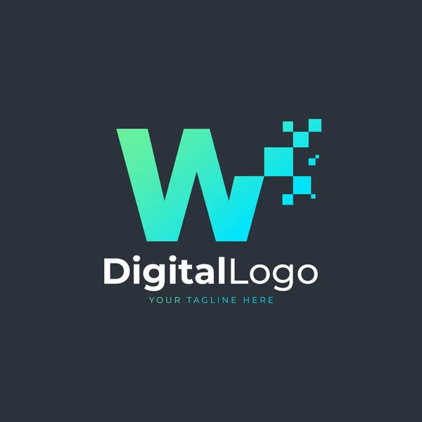 テックレターWロゴ 正方形のピクセルドットと青と緑の幾何学的な形状 ビジネスおよびテクノロジーのロゴに使用できます デザインアイデアテンプレート要素 — ストックベクタ