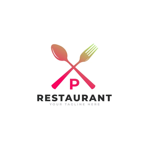 餐厅标志 食肆标志图标模板用勺子叉的首字母P — 图库矢量图片
