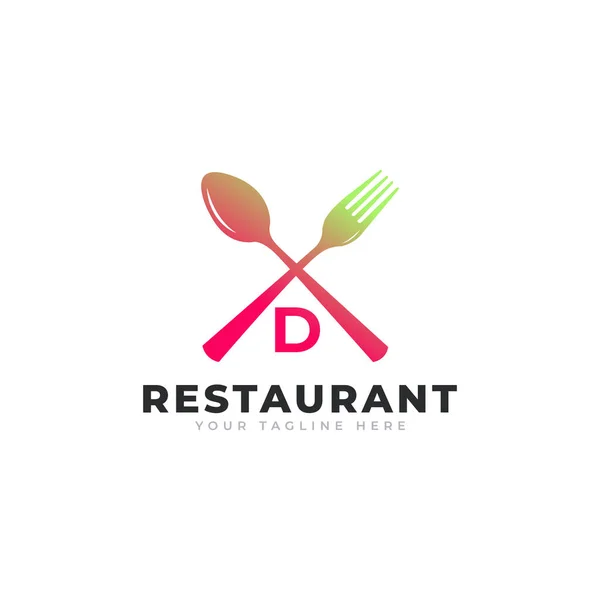 餐厅标志 食肆标志图标模板用勺子叉的首字母D — 图库矢量图片