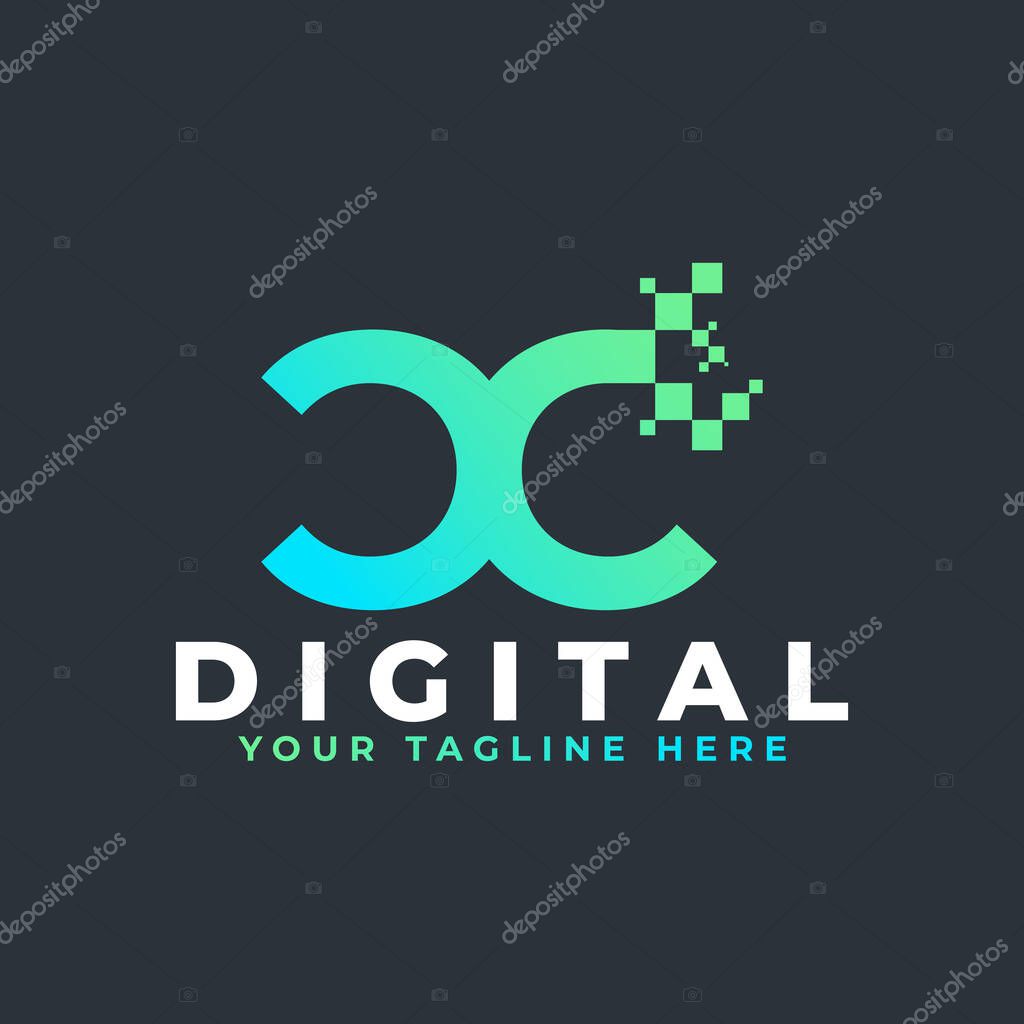Tech Letter CC Logo. Blue and Green Geometric Shape with Square Pixel Dots. Usable for Business and Technology Logos. Design Ideas Template Element.