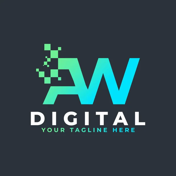 Teknik Mektup AW logosu. Kare Pikselli Mavi ve Yeşil Geometrik Şekiller. İş ve Teknoloji Logoları için kullanılabilir. Tasarım Fikirleri Şablonu Elemanı.