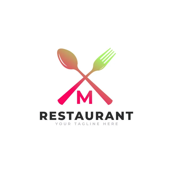餐厅标志 食肆标志图标模板用勺子叉首字母M — 图库矢量图片