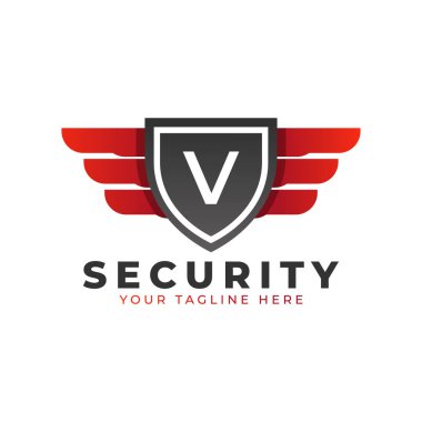 Güvenlik logosu. Kanatlı ve Kalkan Simgeli V harfleri. Araba ve Otomotiv Vektörü Logo Şablonu