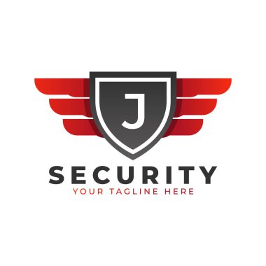 Güvenlik logosu. Kanatlar ve Kalkan Simgesi ile J baş harfleri. Araba ve Otomotiv Vektörü Logo Şablonu