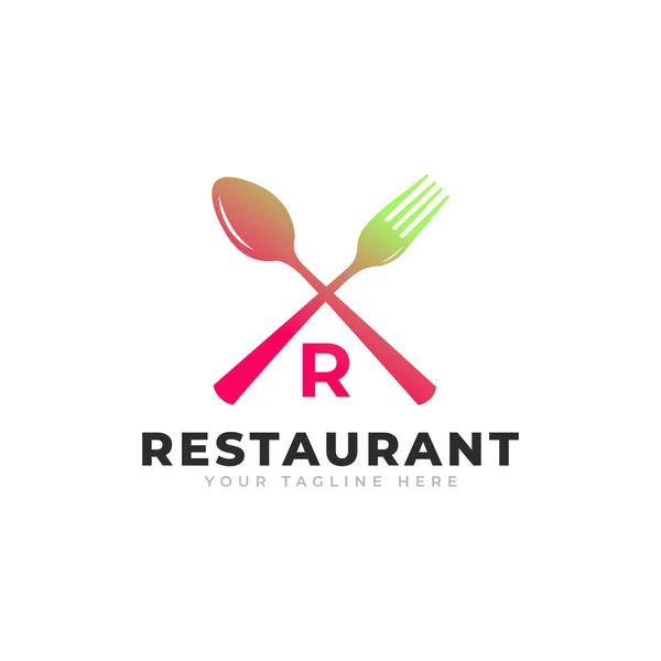 餐厅标志 食肆标志图标模板用勺子叉的首字母R — 图库矢量图片