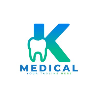 Dental Clinic Logo. Blue Shape Initial Letter K Linked with Tooth Symbol inside. Usable for Dentist, Dental Care and Medical Logos. Flat Vector Logo Design Ideas Template Element. clipart