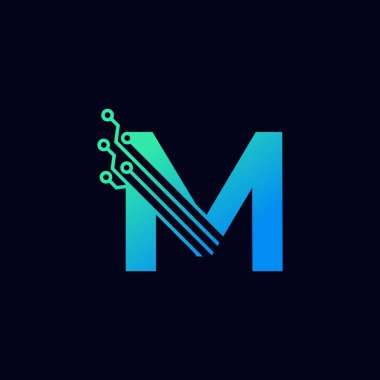 Teknisyen M Logosu. Yeşil ve Mavi Gradyan Renkli Fütürist Vektör Logosu Şablonu. Geometrik Şekil. İş ve Teknoloji Logoları İçin Kullanılabilir.