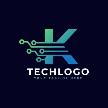 Teknisyen K Logosu. Yeşil ve Mavi Gradyan Renkli Fütürist Vektör Logosu Şablonu. Geometrik Şekil. İş ve Teknoloji Logoları İçin Kullanılabilir.