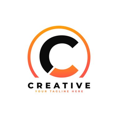 C harfi logo tasarımı, siyah turuncu renk ve daire. Cool Modern Simge Harfleri Logo Vektörü.