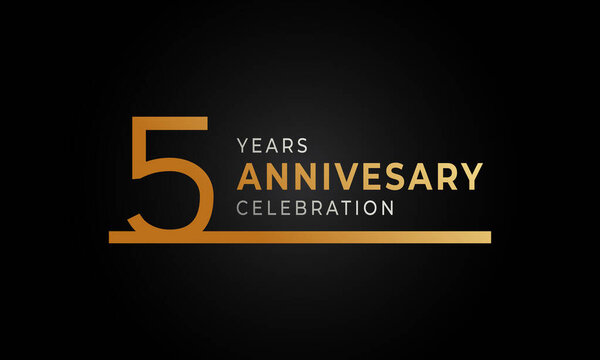 5 Year Anniversary Celebration Logotype with Single Line Golden and Silver Color for Celebration Event, Wedding, Greeting card, and Invitation Isolated on Black Background