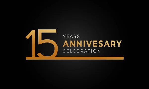 15周年庆典标志 单行金银色 用于庆祝活动 贺卡和黑色背景的邀请函 — 图库矢量图片