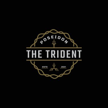 Klasik Vintage Amblem Rozet Mızrak Neptün Tanrı Poseidon Triton Kral Mızrak Logo Simgesi Tasarım Şablonu