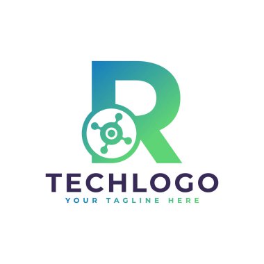Tech Letter R logosu. Ağ Logo Vektörü Olarak Bağlı Nokta Çemberi ile Yeşil Geometrik Şekil. İş ve Teknoloji Logoları İçin Kullanılabilir.
