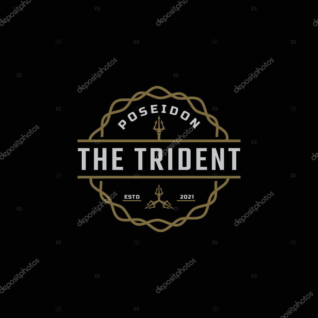 Classic Vintage Emblem Badge Trident Neptune God Poseidon Triton King Spear Logo Icon Design Template