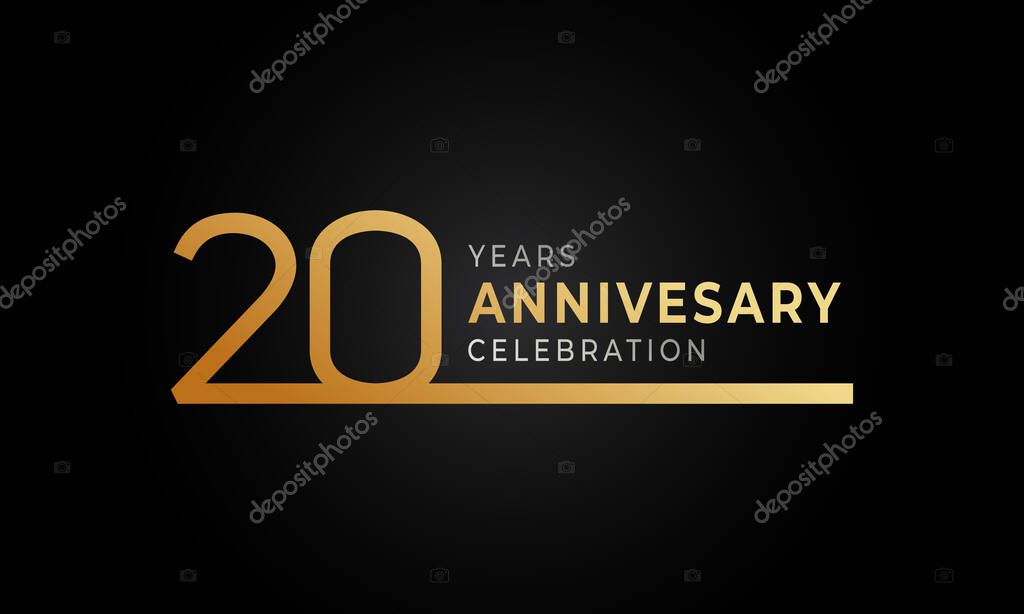 20 Year Anniversary Celebration Logotype with Single Line Golden and Silver Color for Celebration Event, Wedding, Greeting card, and Invitation Isolated on Black Background