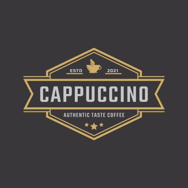 Retro Style Vector Illustration 'da Kupa ve Kahve Fasulyeleri Sembollü Vintage Amblem Rozet Kafe Logosu