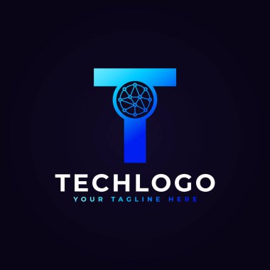 Tech Letter T logosu. Ağ Logo Vektörü Olarak Nokta Çemberi Bağlı Mavi Geometrik Şekil. İş ve Teknoloji Logoları İçin Kullanılabilir.