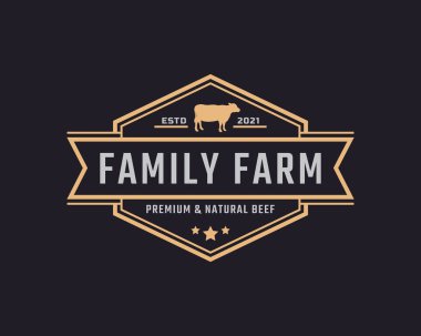Klasik Vintage Retro Etiket Rozeti Sığır Amblemi, Angus, Beef Ailesi Çiftlik Logosu Tasarımı İlham Verici