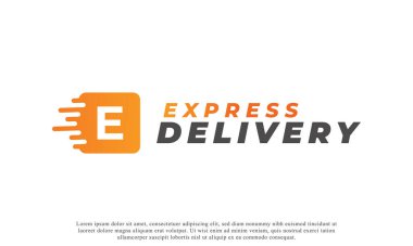 Creative Initial Letter E Logo. Orange Shape E Letter with Fast Shipping Delivery Truck Icon. Usable for Business and Branding Logos. Flat Vector Logo Design Ideas Template Element clipart