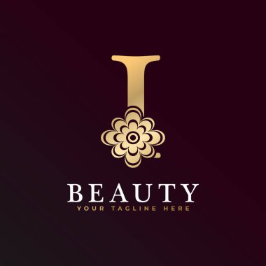 Elegant I Luxury Logo. Golden Floral Alphabet Logo with Flowers Leaves. Perfect for Fashion, Jewelry, Beauty Salon, Cosmetics, Spa, Boutique, Wedding, Letter Stamp, Hotel and Restaurant Logo.