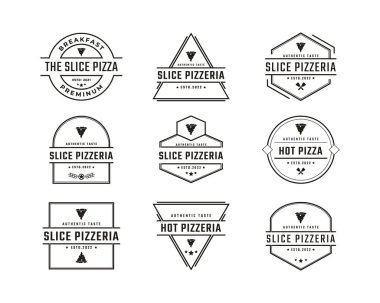 Vintage Retro Rozet Amblem Pizza Dilimi, Pizzacı Bar Bistro Logo Logosu Doğrusal Tasarım