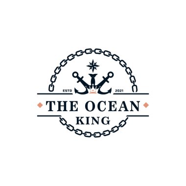 Klasik Denizcilik Kralı Anchor Amblemi. Denizcilik Rozetleri için Çapa ve Taç Gemi Logosu Şablon Tasarımı