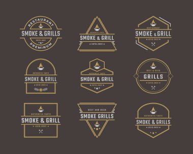 Antika Retro Rozet Amblem Izgara Barbekü Barbekü Ateş Logosu Doğrusal Tasarım