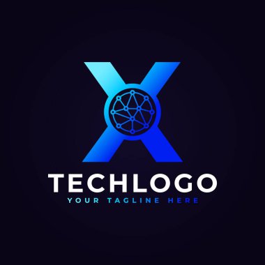 Teknik Mektup X logosu. Ağ Logo Vektörü Olarak Nokta Çemberi Bağlı Mavi Geometrik Şekil. İş ve Teknoloji Logoları İçin Kullanılabilir.